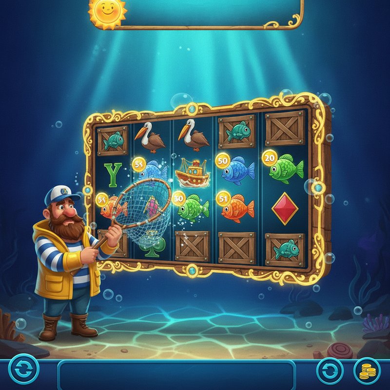 Fishin Frenzy free games feature with fisherman wild collecting fish prize values from the reels
