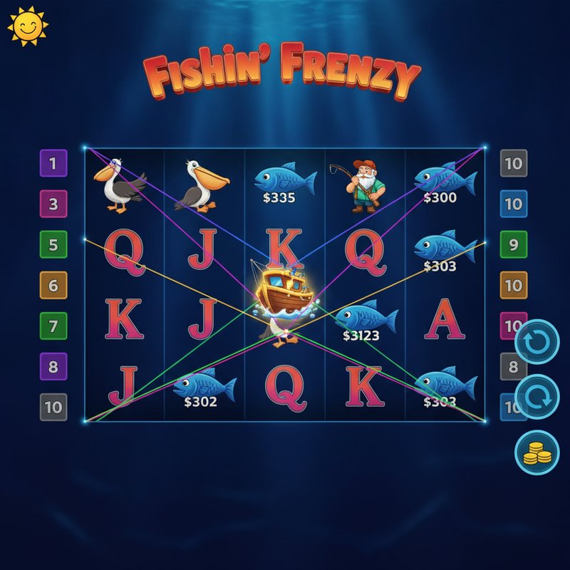 Fishin Frenzy gameplay showing coloured paylines across the 5-reel 3-row grid with active win lines