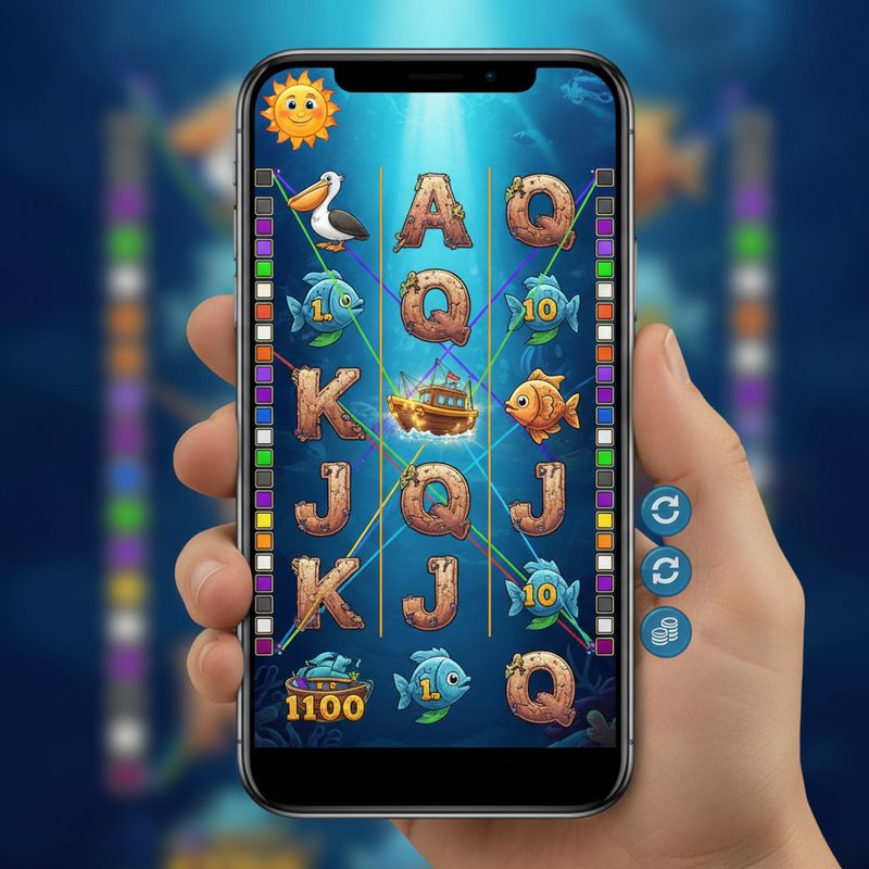 Fishin Frenzy slot by Real Time Gaming running on a mobile device with ocean underwater background