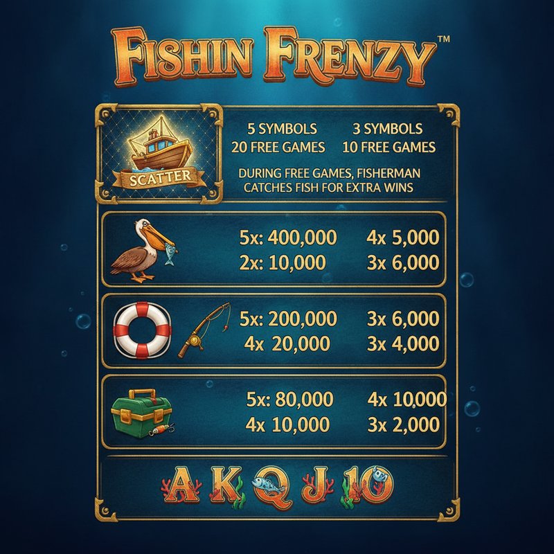 Fishin Frenzy paytable showing pelican, fishing rod, life preserver, tackle box and card symbol payouts